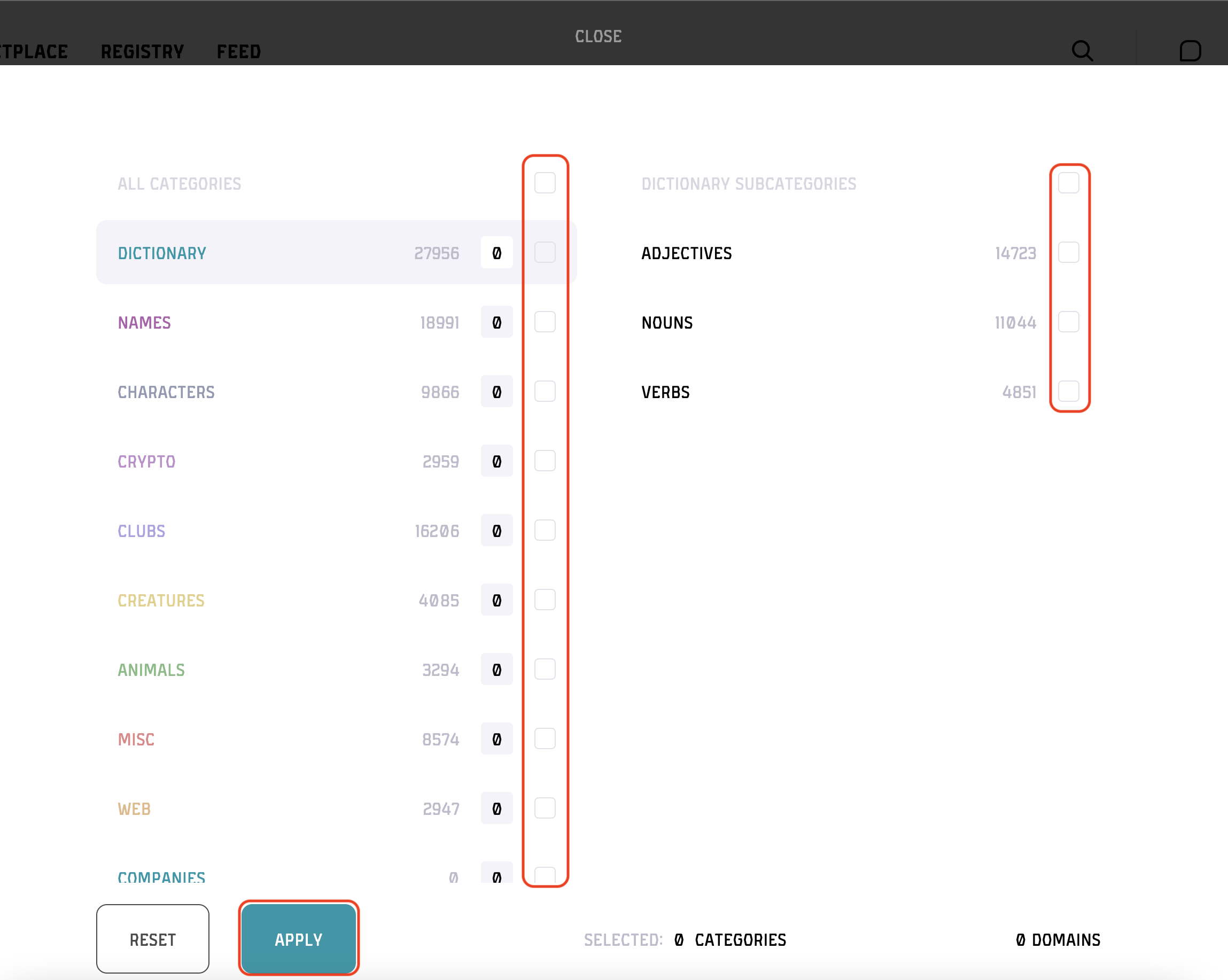 Categories filter modal