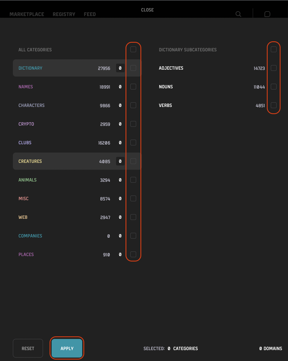 Categories filter modal